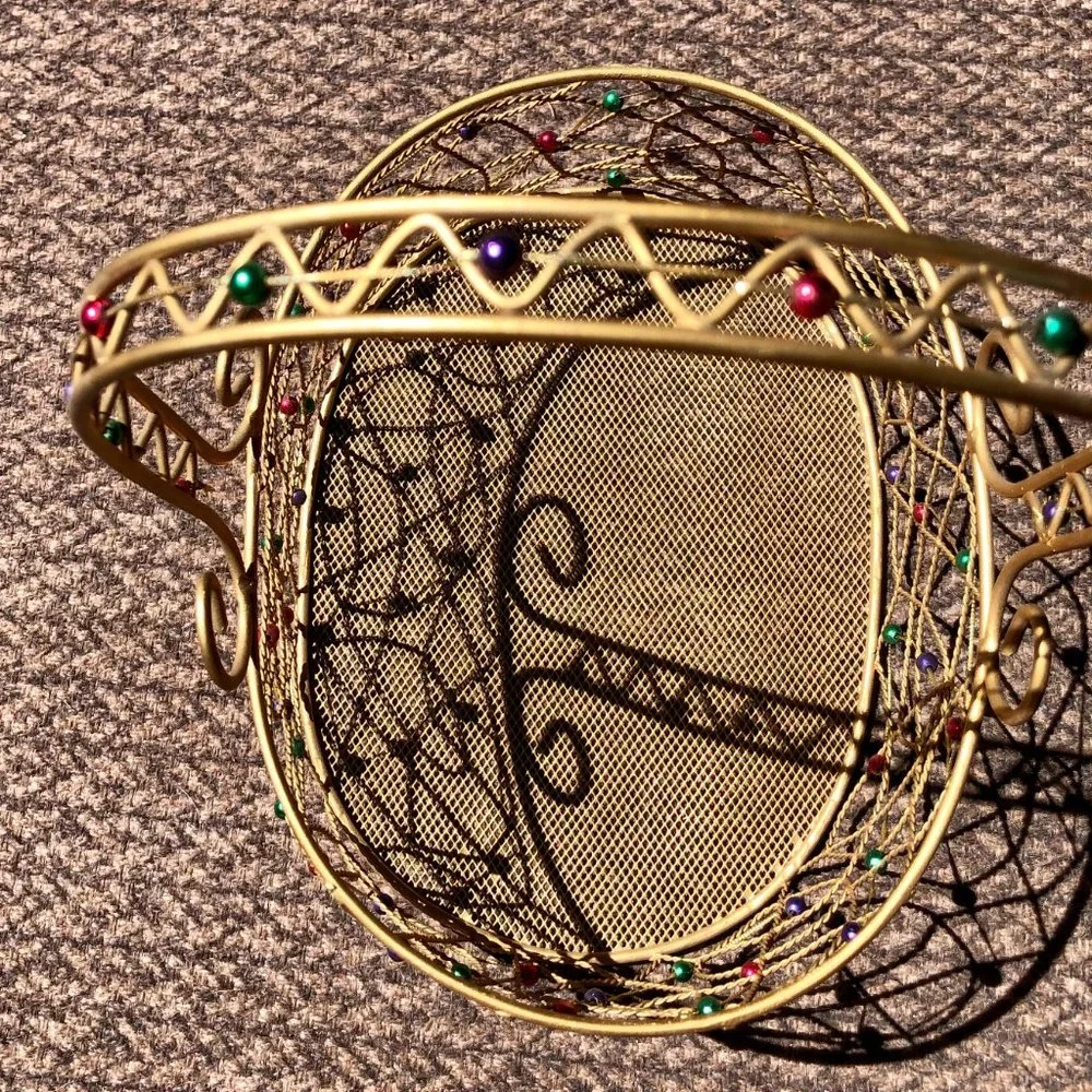 Pier 1 Gold Wired Red Green Purple Beads Tray Basket Storage Decor 11' x 9